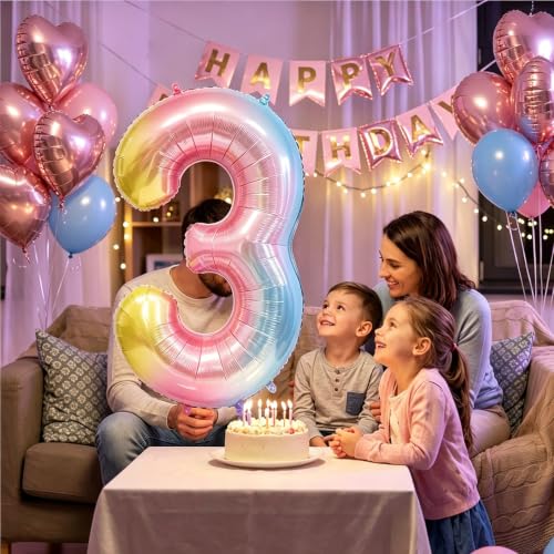 Image of Rainbow Number Balloons Birthday Balloons - Giant Number 3 Balloon 40 inch, Numbers Balloon Birthday Decorations, Rainbow Party Supplies for Baby Shower