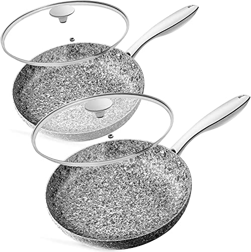 Image of MICHELANGELO 10" & 12" Stone Frying Pan Set with 100% APEO & PFOA-Free Non-Stick Coating, Granite Skillet Set with Lid, Nonstick Frying Pans 2 Piece