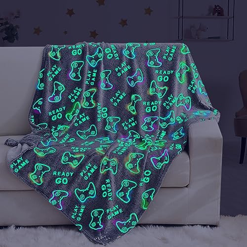 Fiosnow Glow in The Dark Blankets Great Gifts for Kids 2-10 Year Old Birthday Christmas,Game Controller Luminous Throw Blanket for Boys Girls Bedding Super Soft Throw Blanket,50″x60″