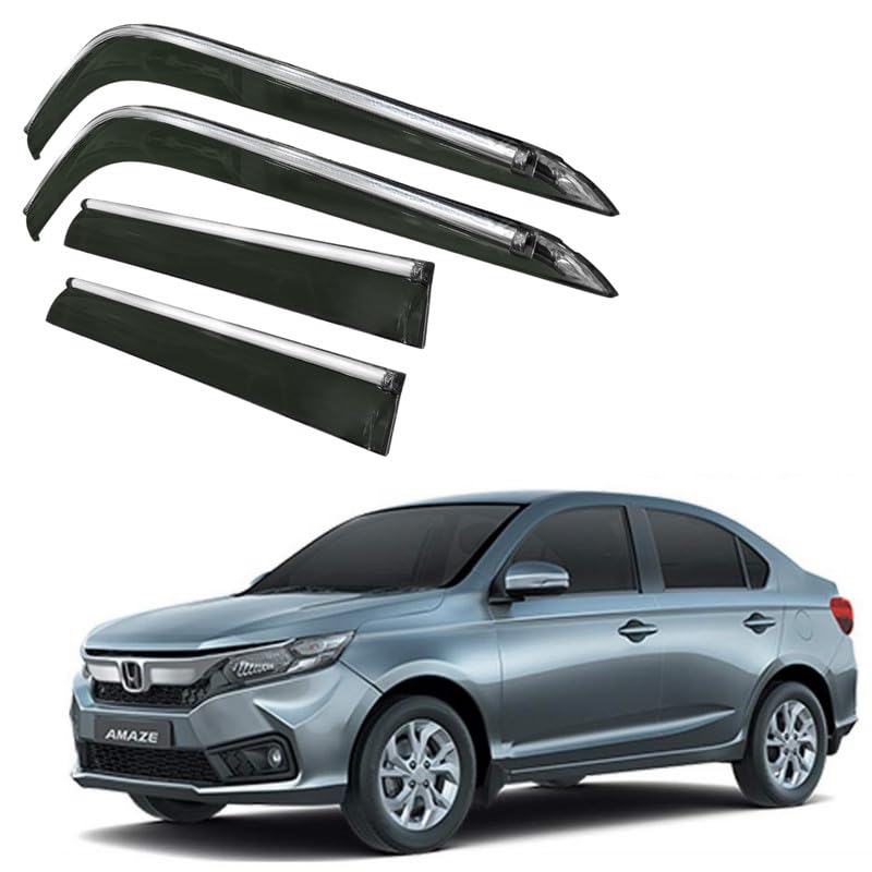 Image of CAR SAAZ Side Door Visors for Amaze Type 3 (2018-2023) (Set of 4Pcs)|Chrome Lined Rain Guards, Polycarbonate, Smoke Finish