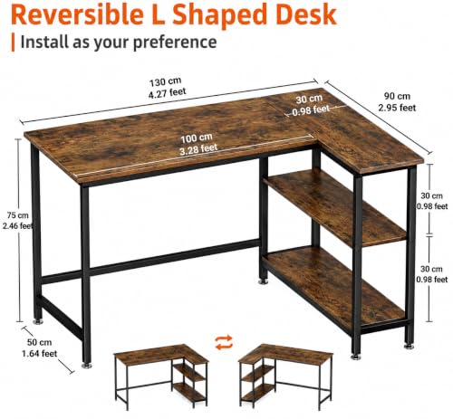 Image of L Shaped Reversible Desk| Gaming Table, Computer Corner Desk, Home Office Writing Desk with Shelf, Space-Saving Workstation Table| 130x90x75 cm| Rustic Brown