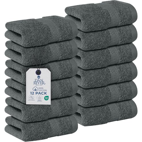 Image of DAN RIVER 12-Pack Premium 100% Cotton Gray Face Towels for Bathroom - Reusable Face Wash Cloths for Showering 12x12 Inches - 550 GSM Super Soft & Absorbent Luxury WashCloths for Body, Spa & Gym