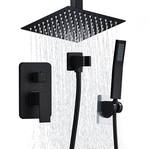 RTOBWEYE 8 Inch Shower Faucet Set Ceiling Mount, High Pressure Rainfall Shower System, Square Rain Shower Head with Handheld Spray Combo, Ceiling Luxury Rainfall Shower Fixtures Matte Black (L-Style)