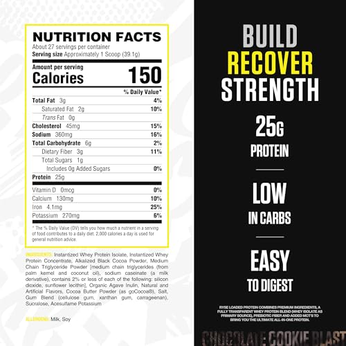 Image of RYSE Loaded Protein Powder - Chocolate Cookie Blast - 25g Whey Protein Isolate & Concentrate with Prebiotic Fiber & MCTs - Low Carb, Low Sugar, Digestive-Friendly - 27 Servings / 2 lb Tub