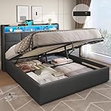 DICTAC King Size Bed Frame with Hydraulic Storage,Charging Station and Led Lights King Upholstered Ottoman Bed with Headboard,5ft Lift Up Platform Storage Beds,Wood Slats,Grey-150x200cm-No Mattress