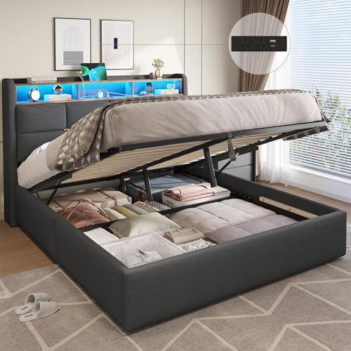 DICTAC King Size Bed Frame with Hydraulic Storage Charging Station and Led Lights King Upholstered Ottoman Bed with Headboard 5ft Lift Up Platform Storage Beds Wood Slats Grey-150x200cm-No Mattress