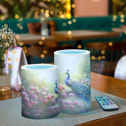 Image of Flickering Flameless Candles, Peacock Flowers LED Candles with Remote Timer, Set of 2 Battery Operated Candle for Valentine Wedding Birthday