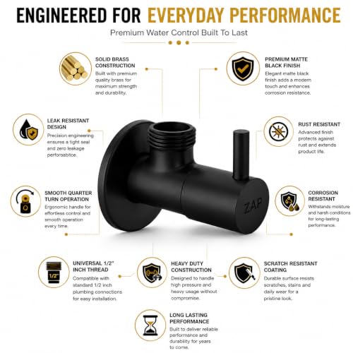 Image of ZAP Brass Angle Valve with Wall Flange - Pack of 6 | Matte Black Finish | Heavy Duty Angle Cock for Jet Spray, Shower, Geyser and Basin Tap | Rust Resistant Bathroom Fitting