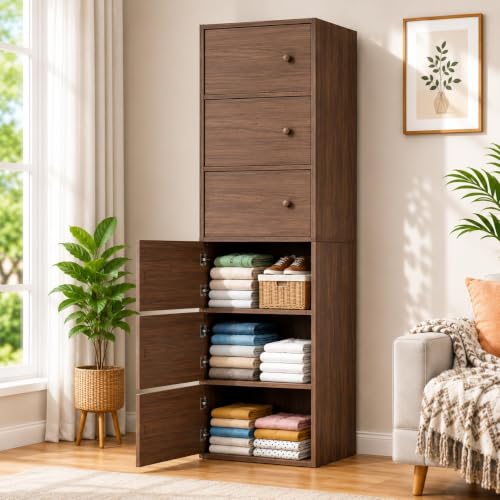 Image of Mevigo -Foldable Wooden Wardrobe for Bedroom | 6-Shelf Engineered Wood Storage Cabinet | Collapsible Cupboard Almirah for Clothes | Space Saving Wooden Wardrobe with Door- (Wallnuts