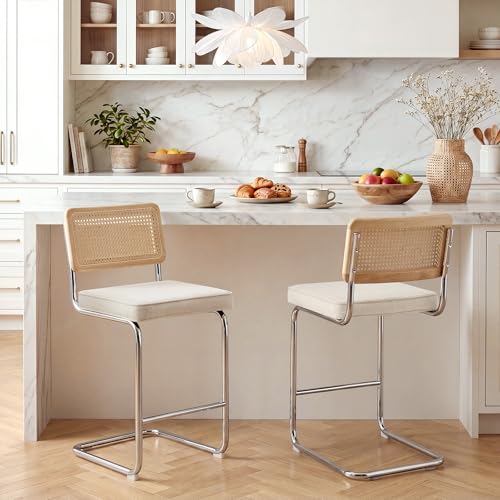 Image of Zesthouse Rattan Counter Stools Set of 3, 26'' Mid Century Modern Bar Stool, Linen Fabric Counter Height Barstool with Solid Wood Back & Natural Cane Mesh, Boho Cantilever Island Chair Beige Yellowish