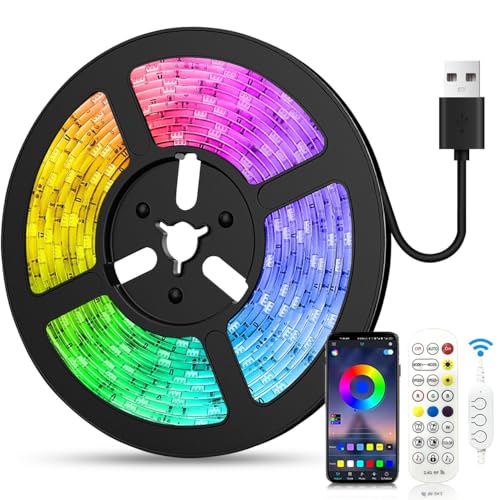 LED Strip 5m USB, RGB LED Streifen, Farbwechsel LED Lichterkette mit Fernbedienung, App-steuerung, Musikmodus, Timer-Einstellung, LED Band für Haus Schlafzimmer TV KücheDeko…