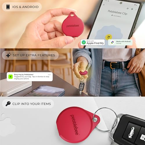 Image of Pebblebee Clip 5 | Rechargeable Bluetooth Tracker Tag for Keys | Alternative to Air Tag & Android Trackers | 130 dB Siren, Bright LED Strobe, 12-Month Battery, Alert Safety Mode | Hot Coral