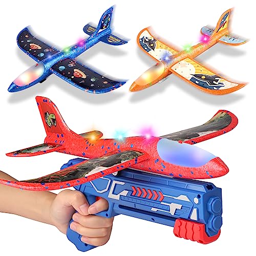 Avion Juguete, Lanzador de Aviones con Pistola de Tiro, 3 Piezas Aviones Espuma Poliespan Avion Corcho Planeador, Juegos Volador Aire Libre Regalos Navidad Cumpleaños para Niños 3 4 5 6 7 8 9 10 Años