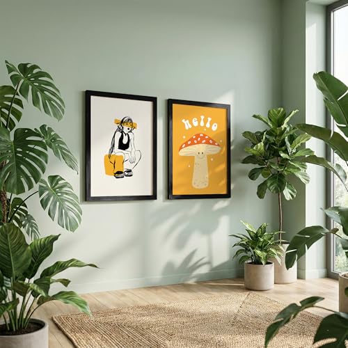 Image of NoWorries Aesthetic Pop Art Wall Framed Painting Set | Girl Illustration & Cute inchHello inch Mushroom Art Prints | Premium 300 GSM Paper Print with Synthetic Wooden Frames | Modern Abstract Wall Decor for Living Room, Bedroom & Office (Set of 2) (BLACK, ART-1, 13X19INCHES)