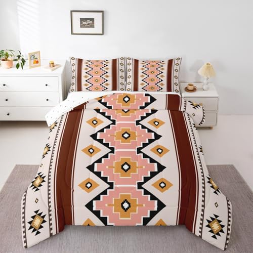 Image of Feelyou Boho Aztec Kids Comforter Set Queen Size West Bedding Set Wheat Brown Duvet Quilt for Kids Boys Girls Bedroom Western Decor Microfiber Ultra Soft Breathable
