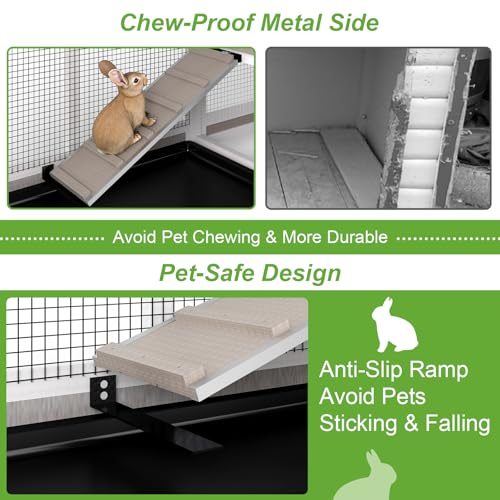 2 Story Rabbit Hutch Outdoor Indoor, Wooden Bunny Cage with 6 Lockable Wheels, 3 Removable No Leakage Pull Out Trays, Chew-Proof Ramp & Waterproof Roof, Ideal for Rabbit & Guinea Pig - Image 5