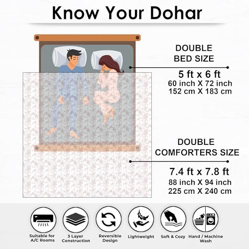 Image of Story@Home Dohar Double Bed Cotton 100% | 150GSM 225 x240 cm Quilt AC Blanket for Summer | AC Comforter Double Bed | Baby Pink & White, Floral Reversible Design Duvet | All-Season Blanket