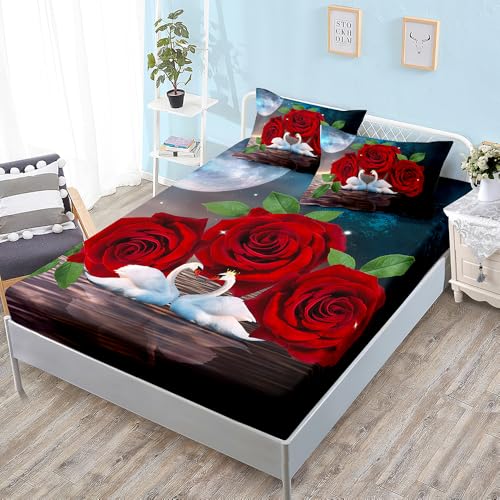 Sabanas 135 x 190 Cisne Rojo Sabana Bajera Extra Suave Ropa de Cama 30cm Bolsillo Profundo Sabanas Bajeras 135 Ajustable con 2 Fundas de Almohada 50x75cm Sabanas