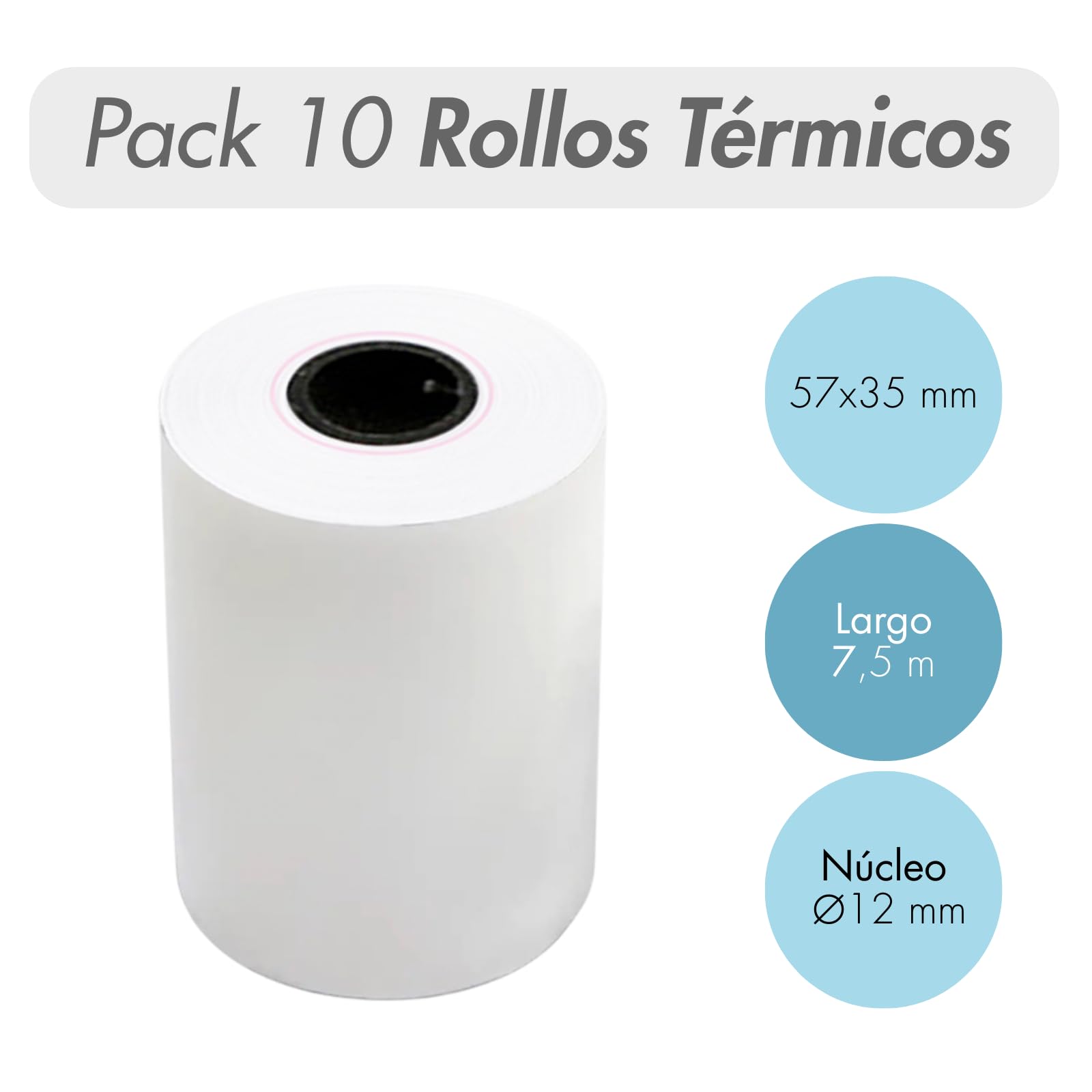 Dohe - Rollos Papel Térmico 57x35 mm (10 uds.) - Núcleo ⌀12 mm, Largo 7,5 m, Tickets para Datáfonos, TPV, Cajas Registradoras, Impresoras POS y EPOS, Grosor 60 gr/m², Sin BPA