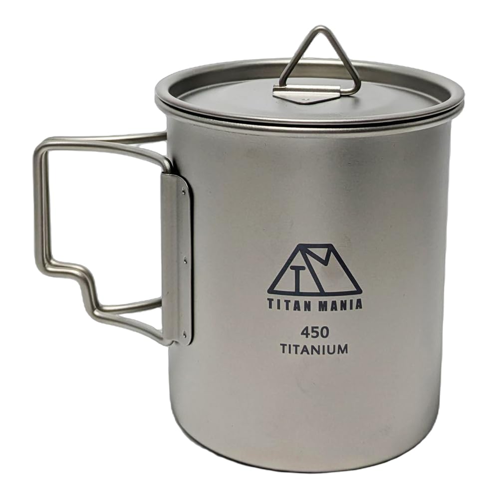 TITAN MANIA Mug, Made of Titanium, With Lid, All Sizes Can Be Stacked With Lids, Ultra Lightweight, Folding Handle, Direct Fire, Rust-free, Single Layer Construction, Camping, Solo Camping, Outdoor : 