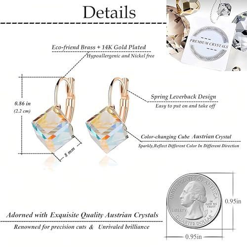 Cube Austrian Crystal Drop Leverback Earrings for Women Fashion 14K Rose Gold Plated Hypoallergenic Jewelry4