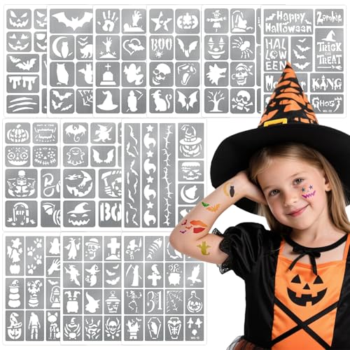 135 PCS Temporary Tattoo Stencils for Kids and Adults Halloween Party Supplies, 12 Sheets Halloween Ghost Witch Bat Glitter Tattoo Stencil for Boys Girls, Face and Body Paint Stencils Kit, Reusable