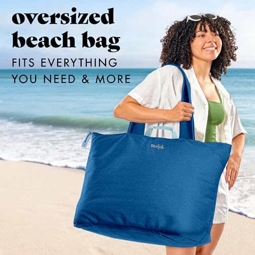 Image of Fit & Fresh XL Beach Tote Bag for Women - XL Travel Tote with Zipper & Pockets, Oversized Canvas Pool Bag, Weekender Carry-On