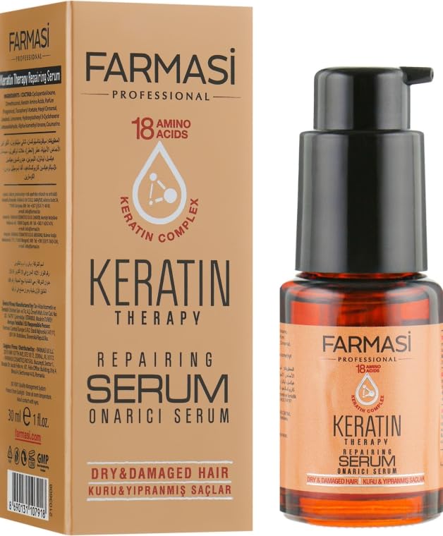 FARMASi Keratin Therapy Repairing Serum for Dry Damaged Hair, 30ml / 1flOz – Intensive Hair Strengthening and Smoothing Treatment – Frizz Control & Shine Boost with Keratin Protein – Nourishing Serum