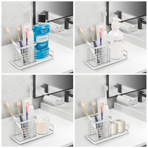 Image of Toothbrush Holder, Luxurious Metal Toothbrush Toothpaste Holder with Marble Base for Bathroom, Multi-Slots Openwork Design, Bathroom Accessory for Storage and Organizer (Large, Chrome)