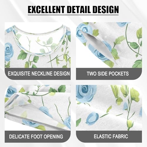 senya Short Sleeve Pajamas Sets Summer Cotton Sleepwear Blue Rose Green Leaves4