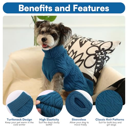 Queenmore Dackel Hundepullover, Gestrickter Rollkragen Hundepulli für Rüden & Hündinnen, für Jack Russell, Bulldog Corgi, Franz. Bulldogge, Mops (Blau, M)