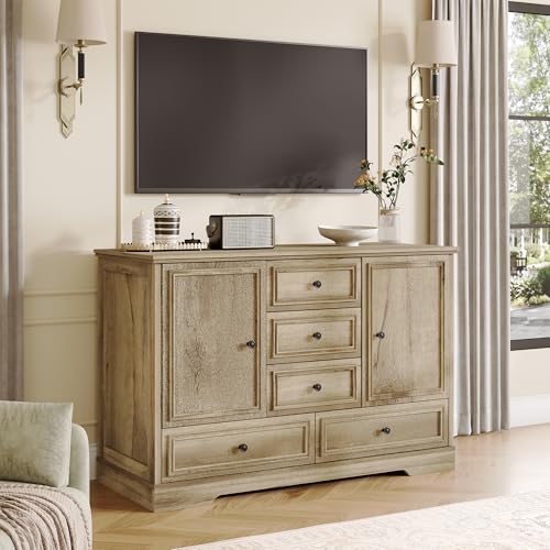 Garvee Farmhouse Sideboard Buffet Cabinet with 5 Drawers and 2 Doors, 47" Kitchen Storage Cabinet, Wood Coffee Bar Cabinet with Adjustable Shelves for Dining Room Living Room, Oak - image 7