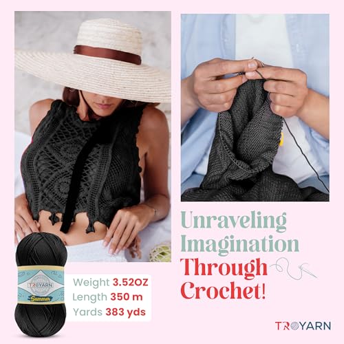 Image of TROYARN Summer (4- Skeins Pack) Silk Effect Hand Knitting Yarn Crochet Art Lace Craft 100% Microfiber Acrylic 4x100 gr (4x383 yds) (105060 - Black)