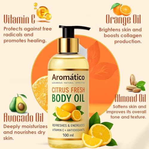 Image of AROMATICO Citrus Fresh Body Oil for Women | Dry Skin-Deep Hydration Formula for Glowing Skin in the Winters | Non-Sticky Texture, for Daily Use after Bath | Cozy & Creamy Fragrance - 100ml