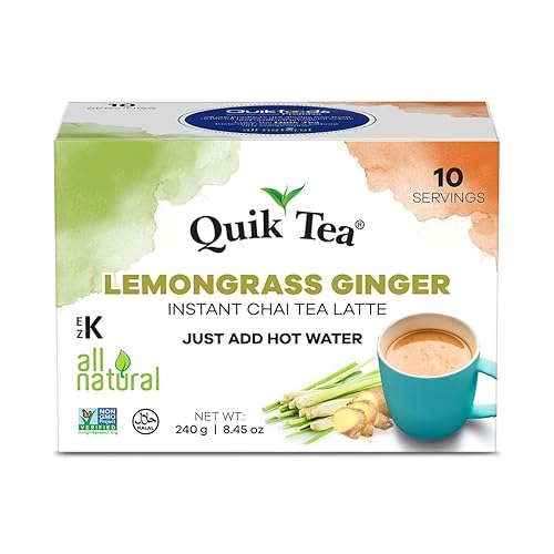 Quik Tea Lemongrass Ginger Instant Chai Tea Latte - Caja individual de 10 unidades - Té de digestión natural Solo tienes que añadir agua caliente