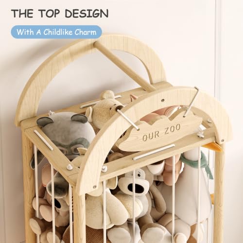 Image of Arched Stuffed Animal Storage Organizer, Wooden Stuffed Animal Zoo Holds 50+ Plush Toys, FSC Pine Wood Plush Toy Holder with Thick Elastic Cords, Open Bottom Cubby for Kids Room Nursery Playroom