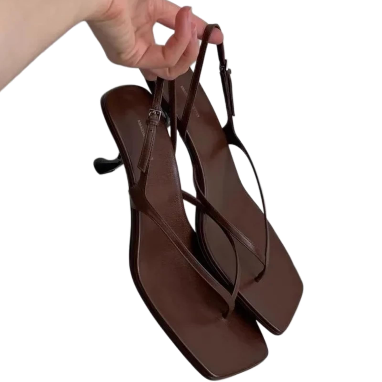 Pantofole Donna Gattino Tacco Slingback Sandali Quadrato Punta Tanga Scarpe Estive, Cinturino Regolabile-brown-39