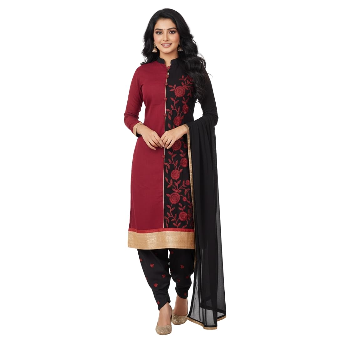 TYPIFY Women’s Semi-Stitched Maroon & Black Embroidered Salwar Suit with Dupatta | Bridal Suit & Marriage Dress Material for Women | Heavy Work Cotton Blend Festival Wear