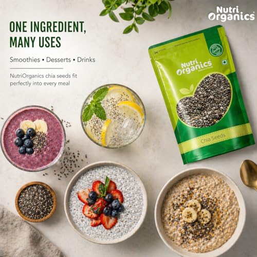 Image of NutriOrganics Raw Unroasted Chia Seeds for Eating with Omega 3 and Fiber for Weight Loss Management - 200 Gram