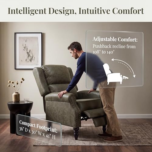 Image of Leather Recliner Chair, Pushback Recliner Chair with Adjustable Backrest Footrest, Mid Modern Reclining with Overstuffed Arms Lumbar Support for Reading, Living Room, Green