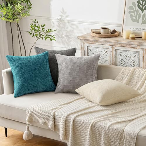 Image of MIULEE Pack of 2 Couch Throw Pillow Covers 18x18 Inch Coastal Teal Modern Boho Accent Decorative Pillow Covers Soft Chenille Farmhouse Cushion Covers for Home Decor Bed Sofa Living Room