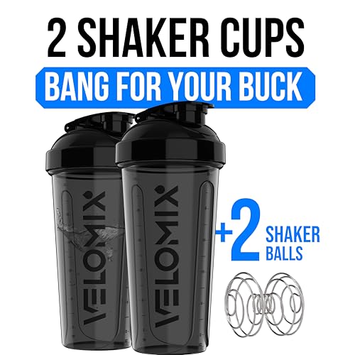 Image of VELOMIX 24 oz Stainless Steel Shaker Bottle with Wire Whisk - Leakproof, No Clumps, Odor Resistant Metal Shaker Bottle, Shaker Cups for Protein Shakes, Pre Workout and Smoothie (Dual Black)