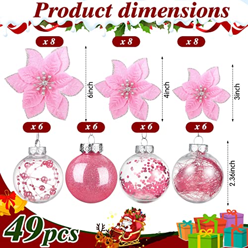 49 Pcs Christmas Tree Decoration Set Include Christmas Tree Topper, 24 Pcs Glitter Christmas Flowers 3 Sizes, 24 Pcs 2.36 Inch Christmas Ball Ornaments For Tree Holiday Party Decorations (Pink) #TOP2