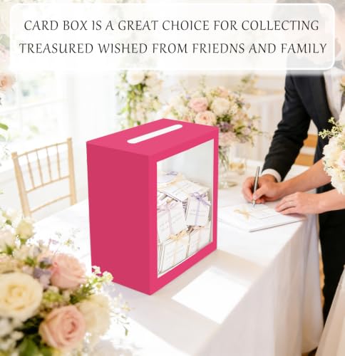 Image of SietDESEO Hot Pink Card Box for Party with Clear Window Large Gift Card Box Holder for Wedding Reception Birthday Graduation Baby Shower Raffle Ticket Box