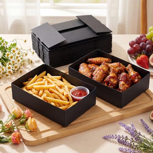 Image of Chinco 300 Pieces Paperboard Kraft Food Trays 4 Corner Pop up Food Tray Disposable Foldable Cardboard Movie Night Snack Party Container Box for Holding Drink at Stadiums or Theaters (Black)
