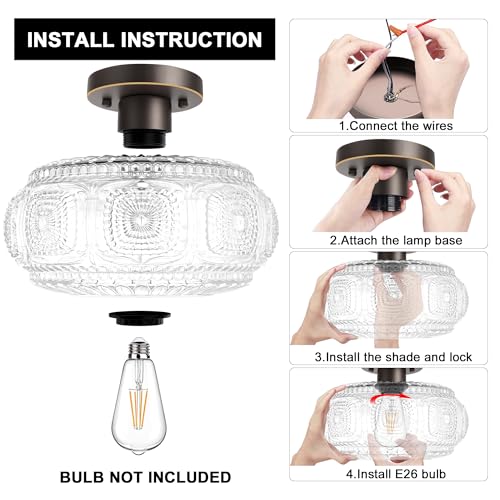 Image of Semi Flush Mount Ceiling Light, Upgraded Larger Bronze Glass Ceiling Light Fixture, Vintage Lighting for Hallway Kitchen Bedroom Dining Room, Bulb Not Included