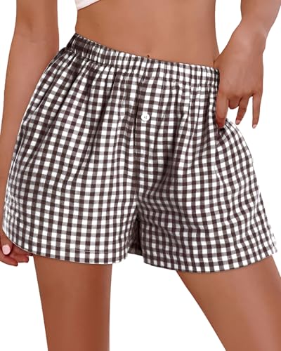 Image of Women Boxer Shorts Summer Gingham Pj Casual Plaid Bottoms with Pocket