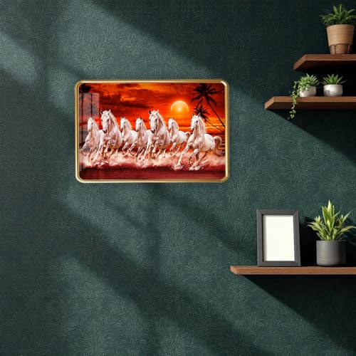 Image of Dharvika Innovations 7 Running Horses Photo Frame, Ultra High Gloss Lamination, Vastu Painting for Living Room, Office, 12x18 Inch (Design 12)