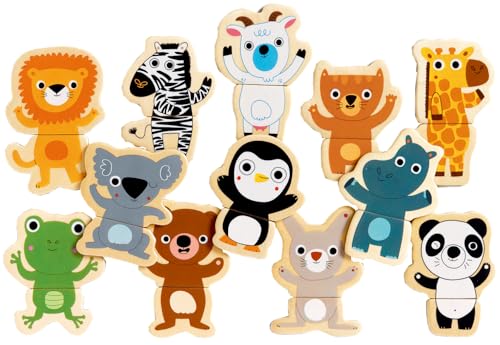 DJECO Puzzle Magnétique dès 2 Ans (24 Pièces en Bois) - Design Jungle - 12 Animaux de 2 Pièces et Boîte de Rangement - Créativité pour Tout Petits