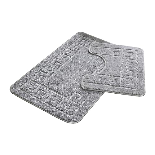 FAIRWAYUK Bathroom Mats Sets 2 Pieces Ultra Plush Greek Pattern Bath Toilet Mat Anti Slip Pedestal Set Extra Absorbent 100% Polypropylene Rug Bathroom Accessory (Silver)